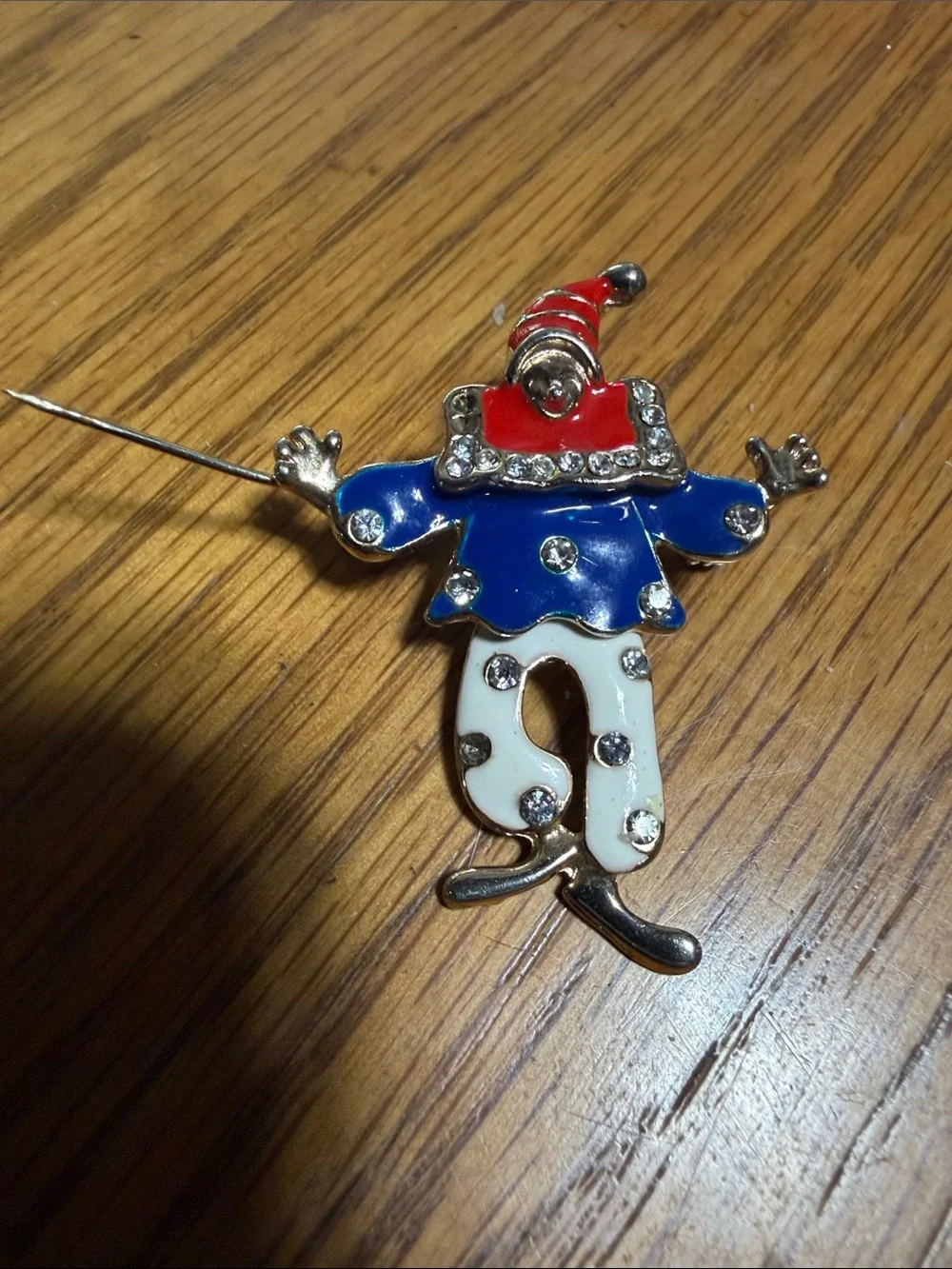 Playful Clown Brooch in Blue, White & Red with Rhinestone Accents